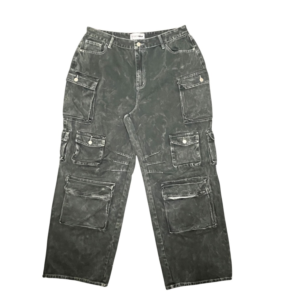 Fashion Nova Womens Sz 16 Acid Wash Wide Leg Cargo Pants Baggy Skater Y2K Grunge
